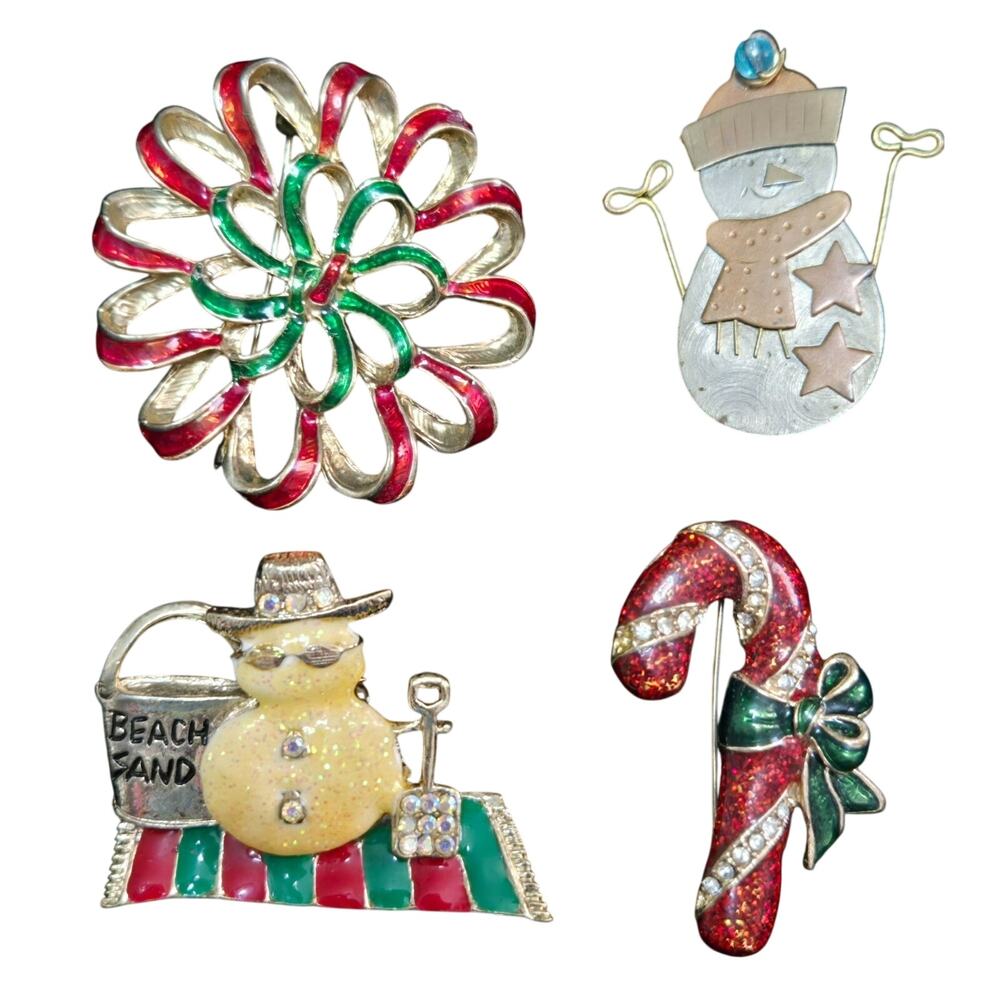 Winter Brooch Lot Snowman Christmas Bow Candy Cane Vintage and Contemporary